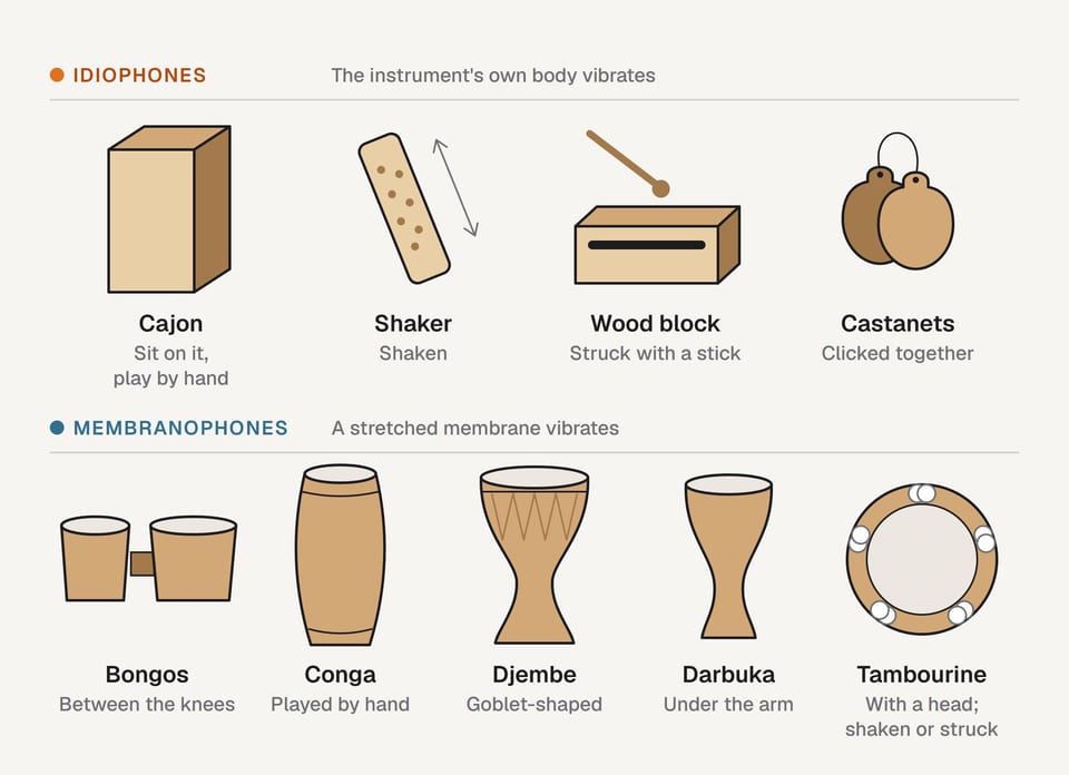 Illustrated chart of nine percussion instruments: idiophones on the top row (cajon, shaker, wood block, castanets) and membranophones below (bongos, conga, djembe, darbuka, headed tambourine), each with a short note