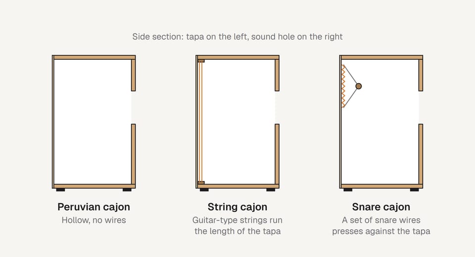 Side cross-sections of three cajons: a hollow Peruvian cajon, a string cajon with strings running the full length behind the tapa, and a snare cajon with a set of snare wires pressing against the inside of the tapa